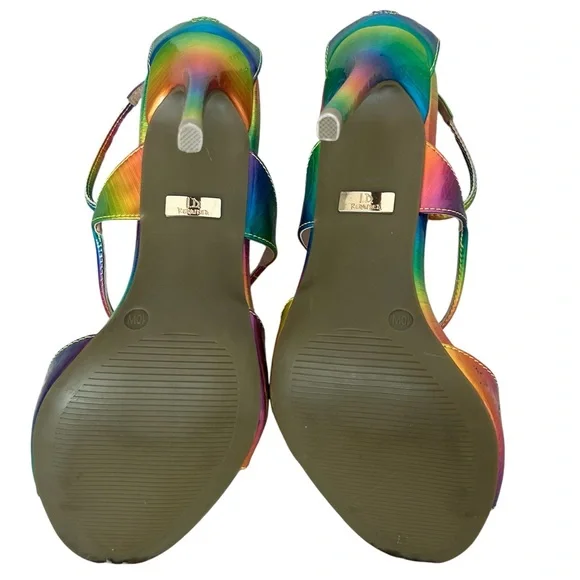 I.D Required Metallic Rainbow Colored Iridescent Strappy Heels Size: 10 Wide - Picture 7 of 8